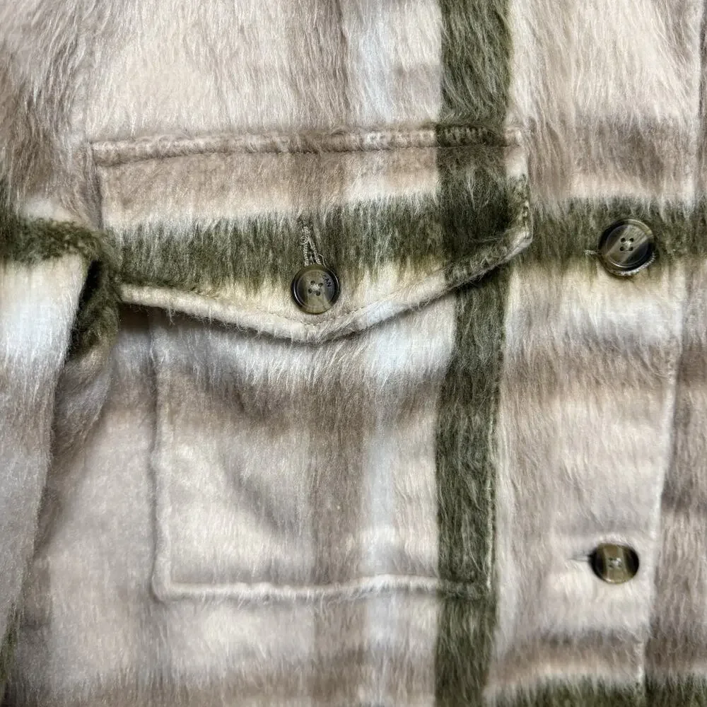 American Eagle Fuzzy Shacket Women’s L Ivory Plaid Heavy Wool Blend Oversized - Picture 4 of 12